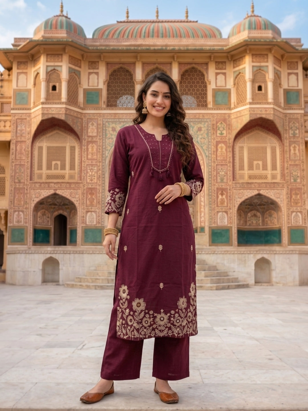 Burgundy Solid Cotton A-Line Kurta Set with Floral Embroidery, Pant & Dupatta