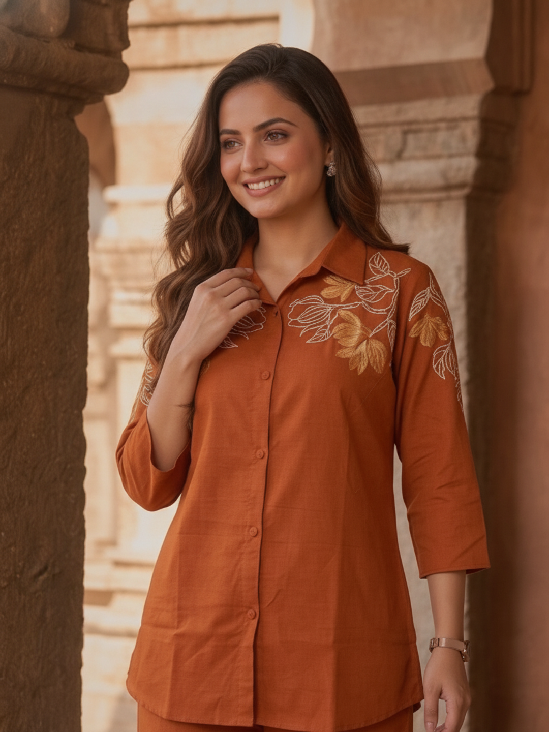 Rust Solid Cotton Straight Kurta Co-ord Set with Floral Thread Embroidery, Shirt Collar & Flared Palazzo