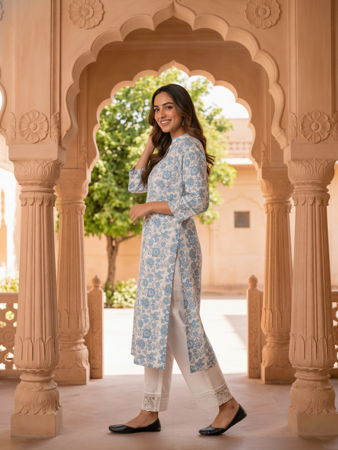 Blue Floral Print Cotton Straight Kurta Set with Mandarin Collar & White Palazzo
