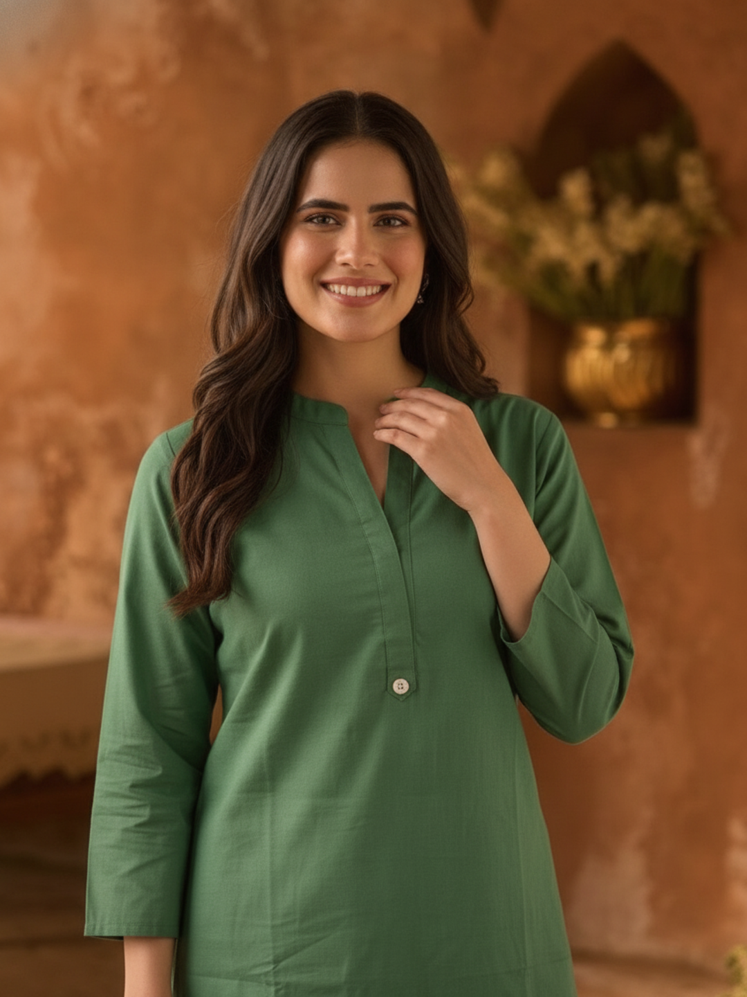 Green Solid Cotton Straight Kurta Set with Mandarin Collar & White Palazzo