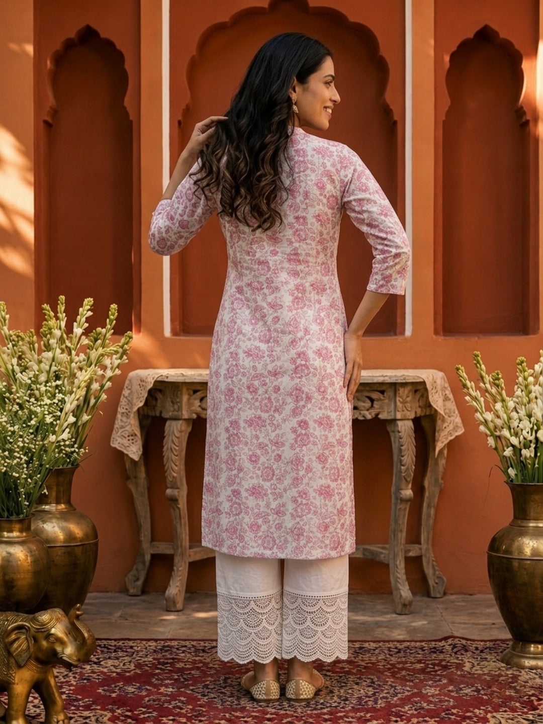 Pink Floral & Ethnic Print Cotton Straight Kurta Set with Mandarin Collar & White Palazzo