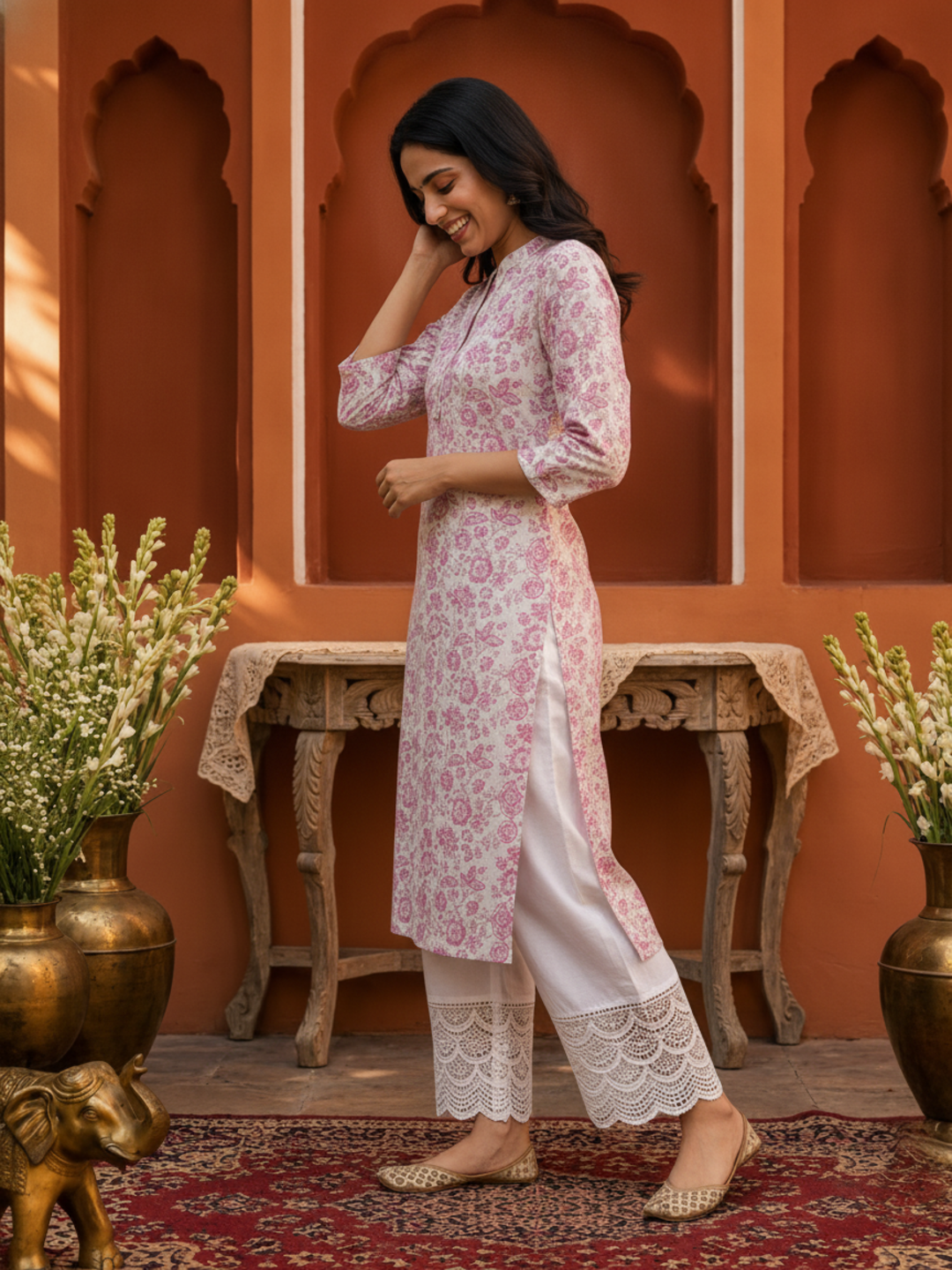 Pink Floral & Ethnic Print Cotton Straight Kurta Set with Mandarin Collar & White Palazzo