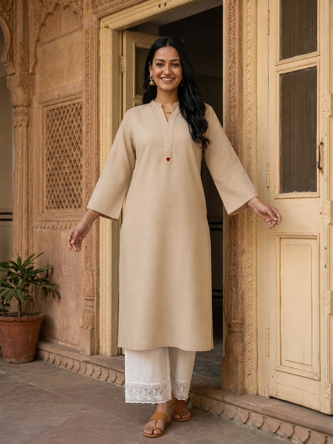 Beige Solid Cotton Straight Kurta Set with Mandarin Collar & White Palazzo