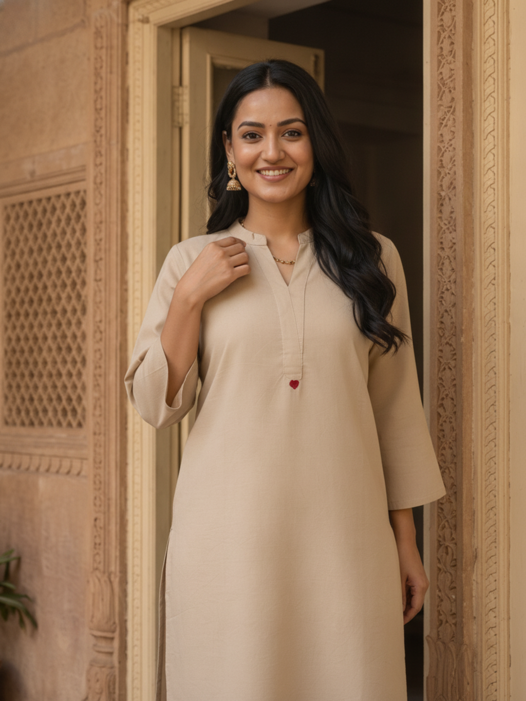 Beige Solid Cotton Straight Kurta Set with Mandarin Collar & White Palazzo