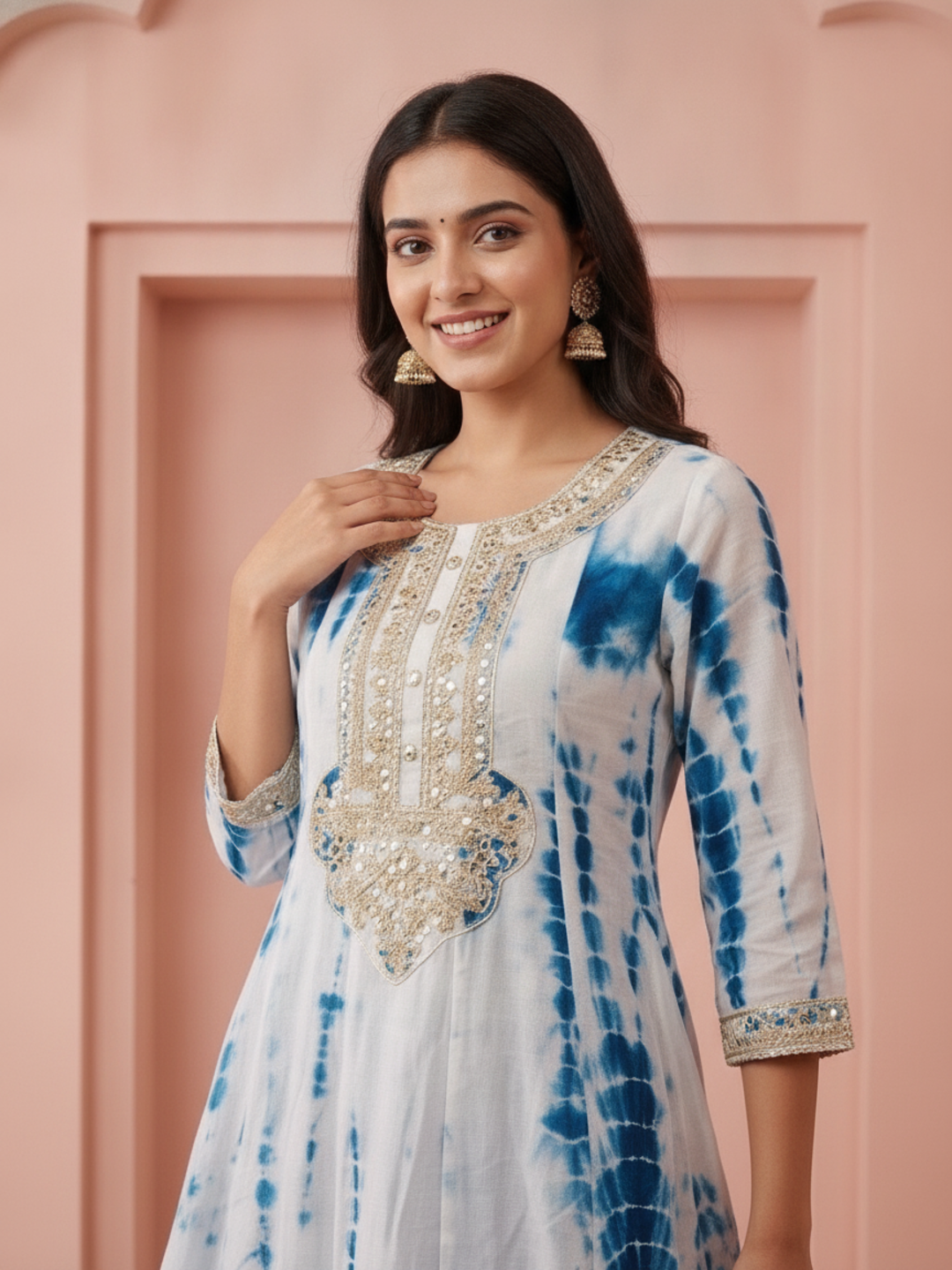 Indigo Blue Shibori Print Silk Straight Kurta Set with Gota Patti Work, Palazzo & Dupatta