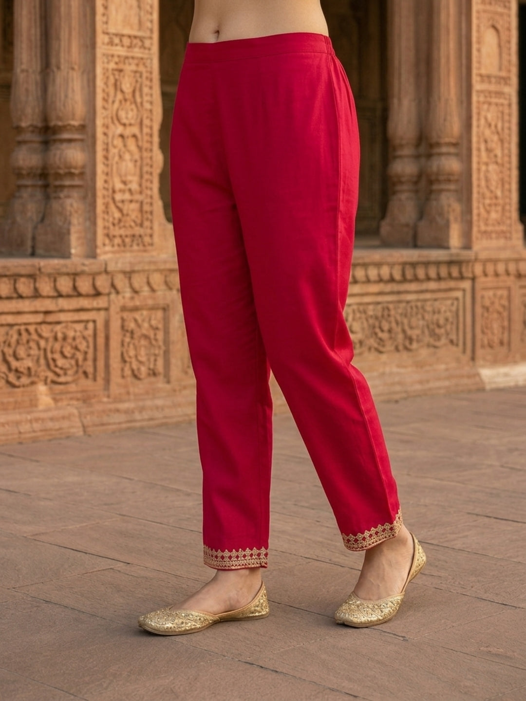 Fuchsia Solid Cotton Straight Kurta Set with Mirror & Dori Work, Pant & Dupatta