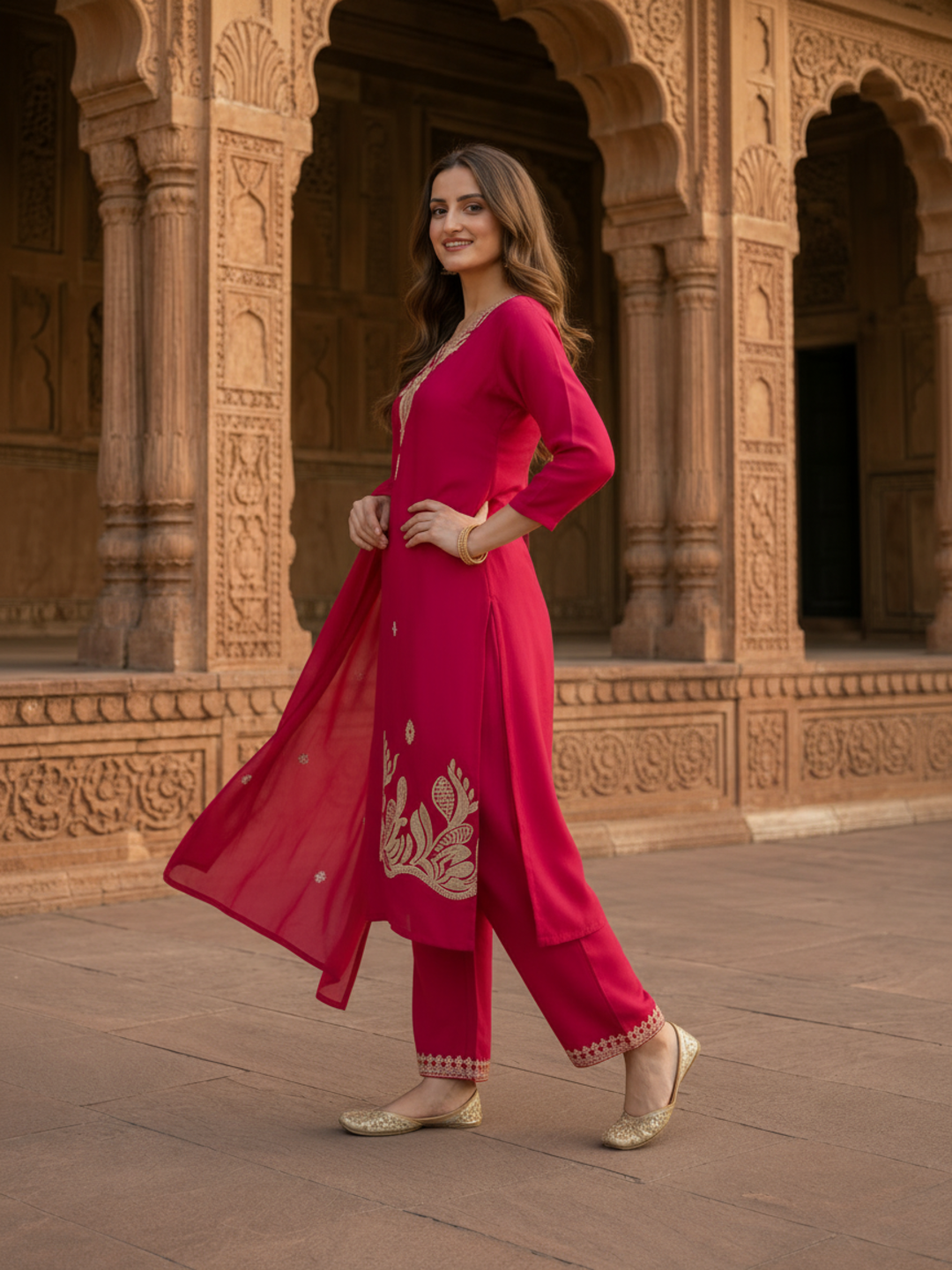Fuchsia Solid Cotton Straight Kurta Set with Mirror & Dori Work, Pant & Dupatta