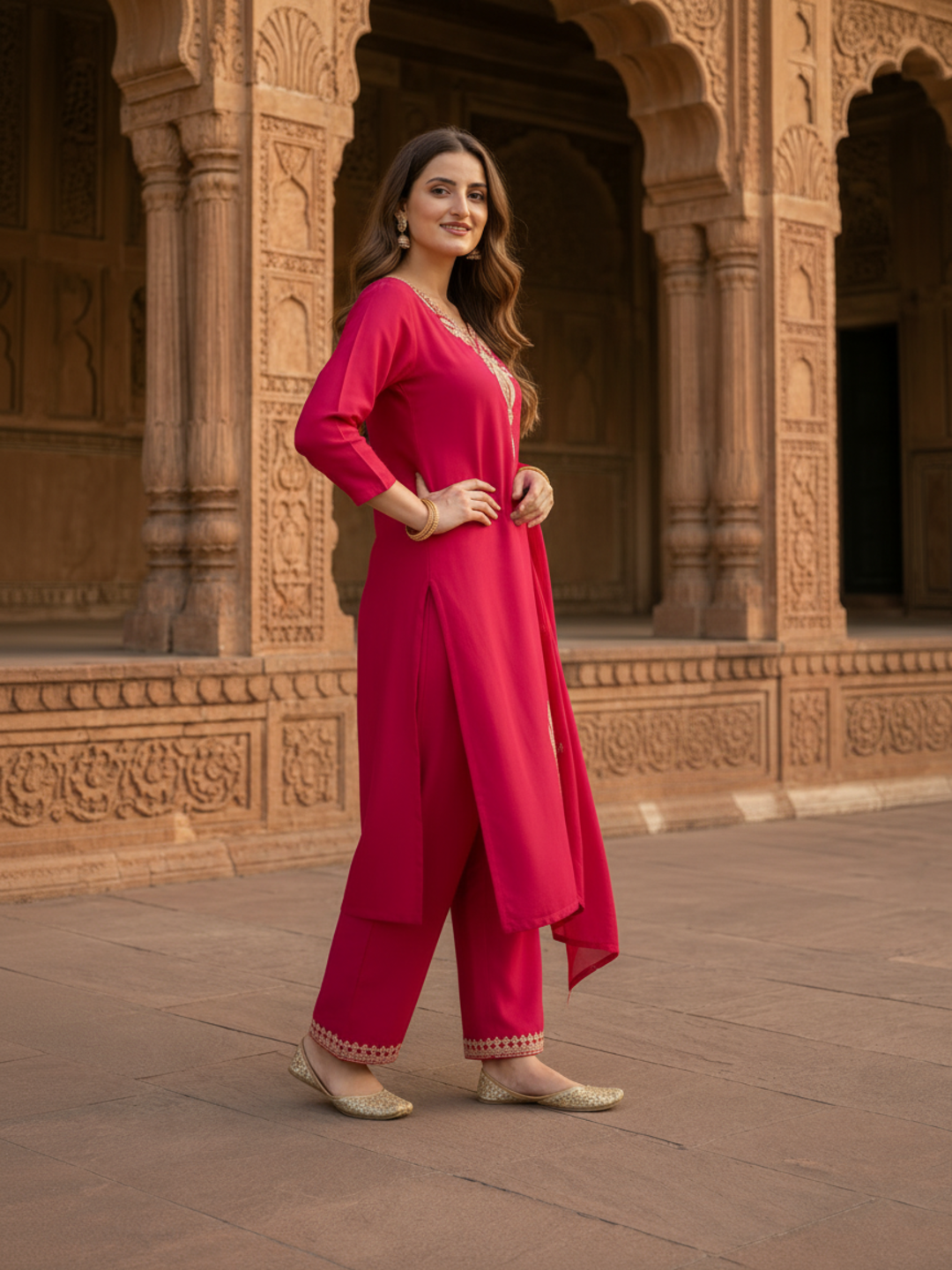 Fuchsia Solid Cotton Straight Kurta Set with Mirror & Dori Work, Pant & Dupatta