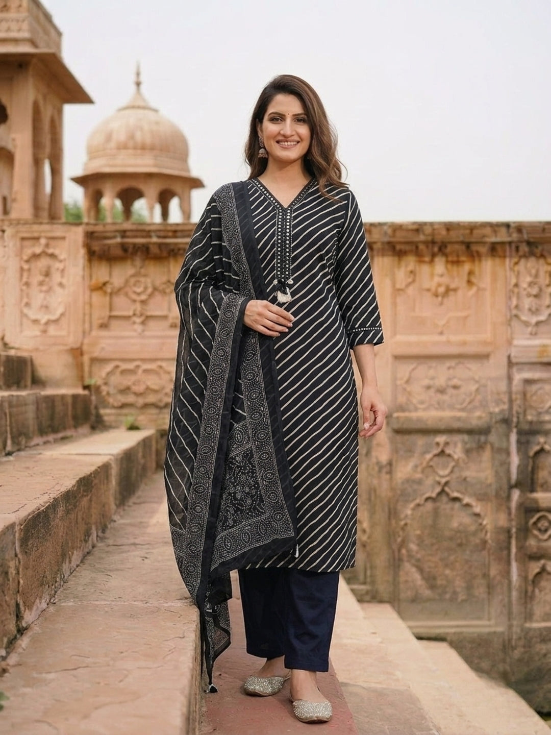 Black Lehariya Print Cotton Straight Kurta Set with Mirror Work, Pant & Dupatta