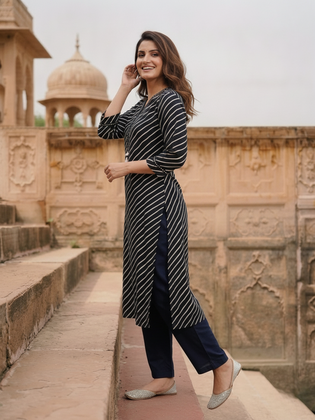 Black Lehariya Print Cotton Straight Kurta Set with Mirror Work, Pant & Dupatta
