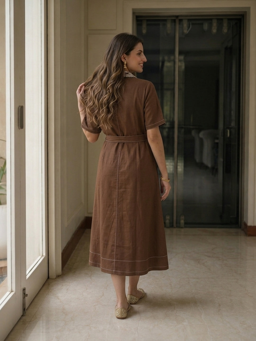Brown Solid Cotton Kaftan Style Maxi Dress with Floral Embroidery, Shirt Collar & Belt