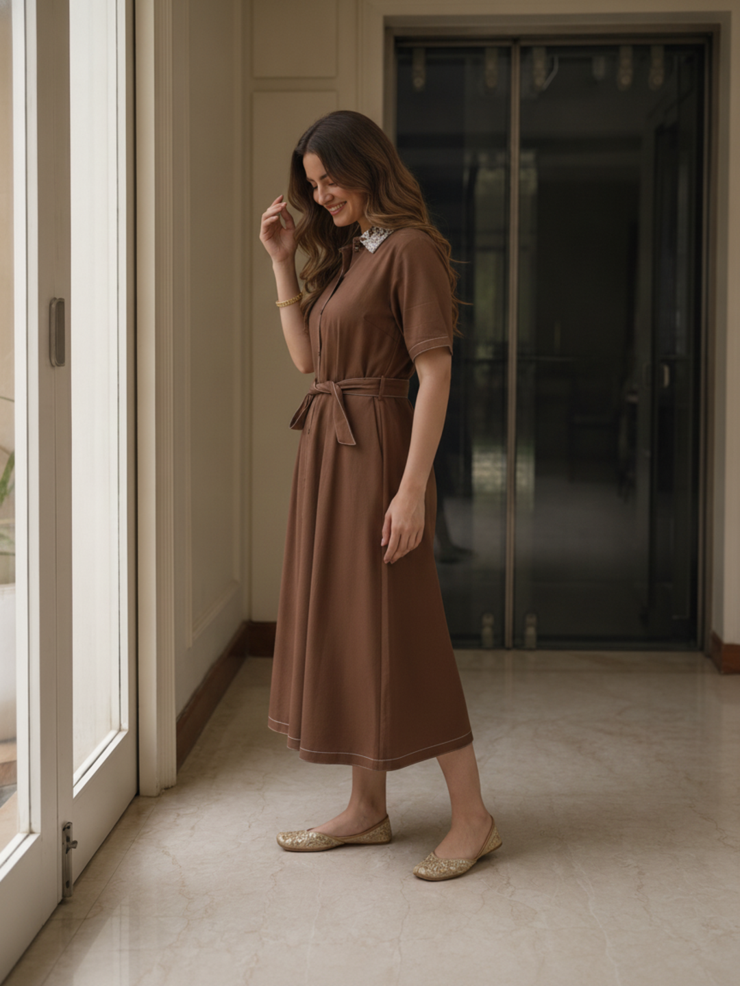 Brown Solid Cotton Kaftan Style Maxi Dress with Floral Embroidery, Shirt Collar & Belt