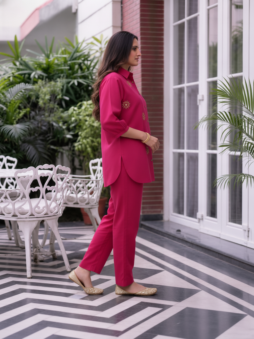 Fuchsia Solid Cotton Straight Kurta Co-ord Set with Mirror & Sequin Work, Shirt Collar & Palazzo