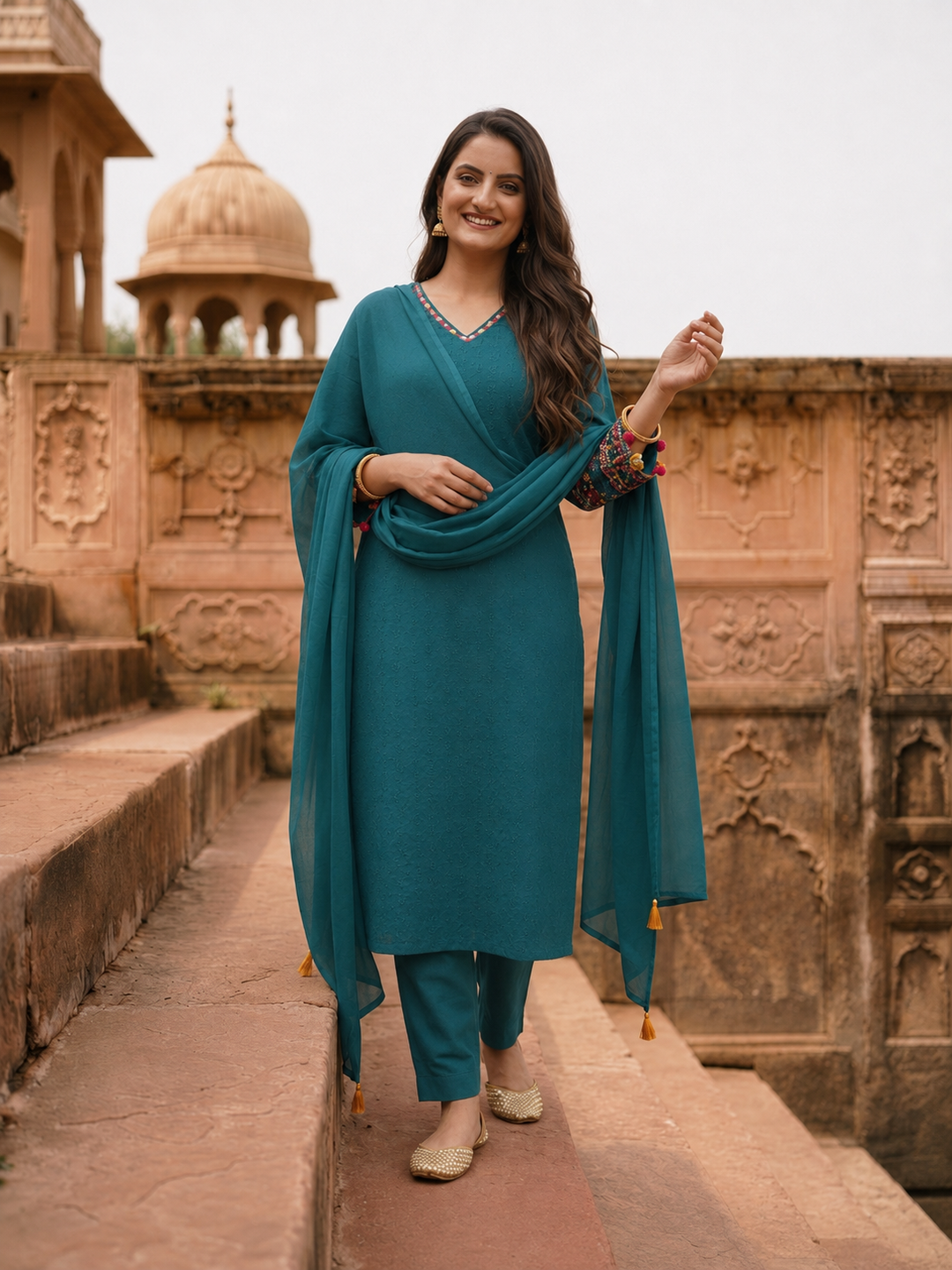 Teal Blue Solid Cotton Schiffli Straight Kurta Set with Sleeve Embroidery, Palazzo & Tassel Dupatta