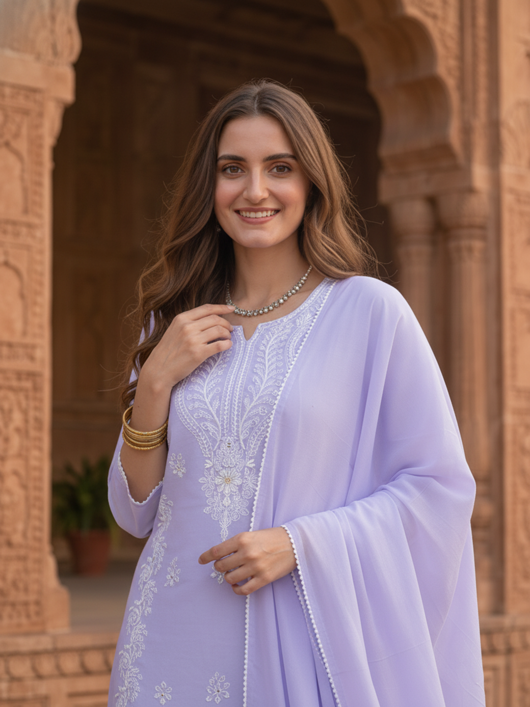 Lavender Solid Cotton Straight Kurta Set with Chikankari Embroidery, Farshi Salwar & Dupatta