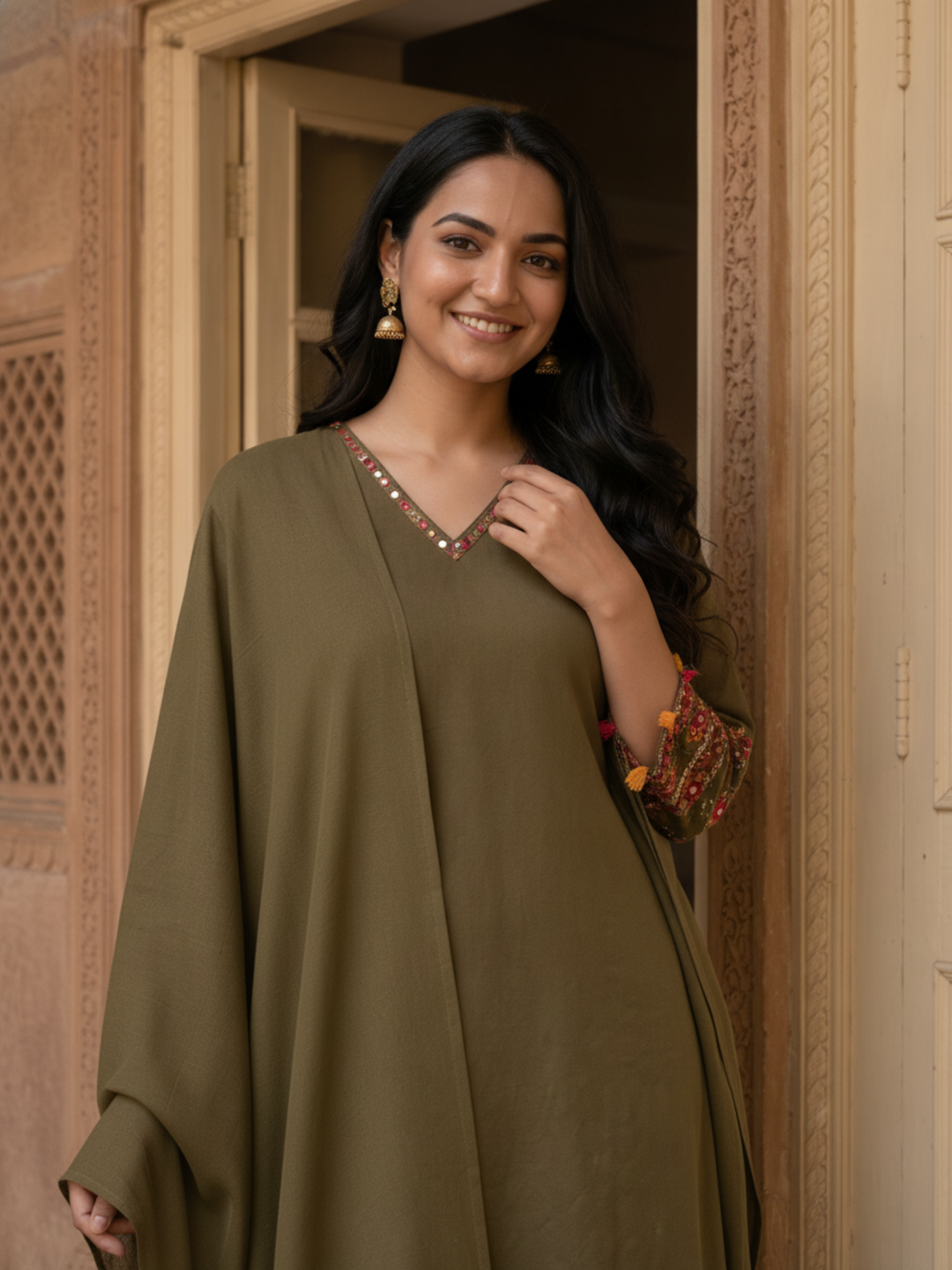 Olive Green Solid Cotton Schiffli Straight Kurta Set with Embroidery, Palazzo & Dupatta