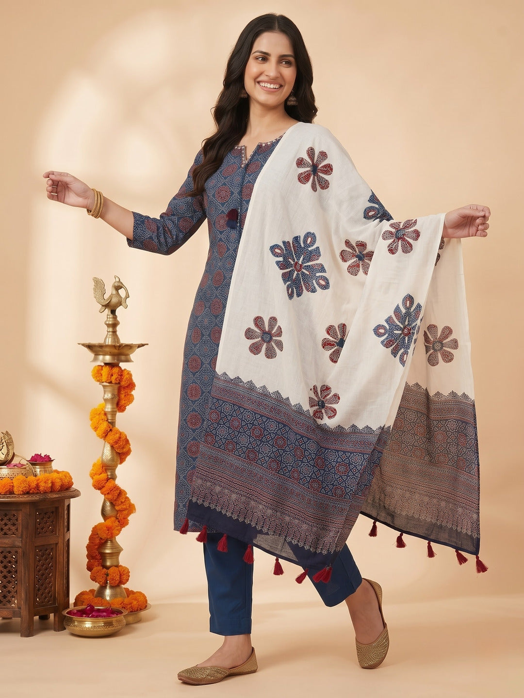 Indigo Blue Ajrakh Print Cotton Straight Kurta Set with Mirror Work, Pant & Patchwork Dupatta