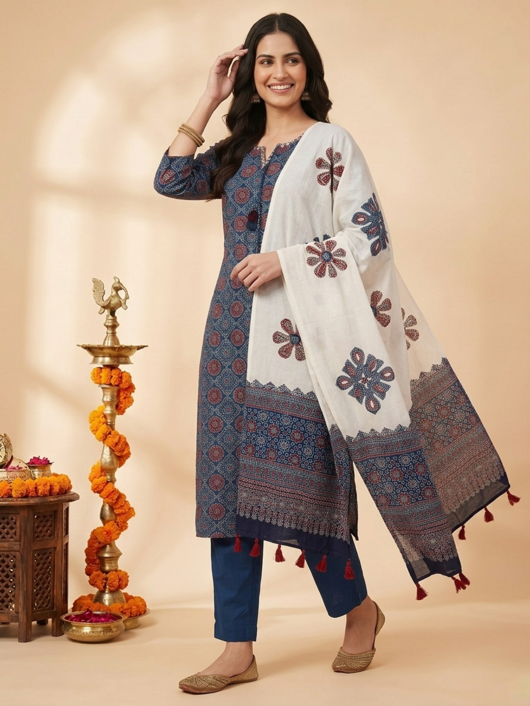 Indigo Blue Ajrakh Print Cotton Straight Kurta Set with Mirror Work, Pant & Patchwork Dupatta