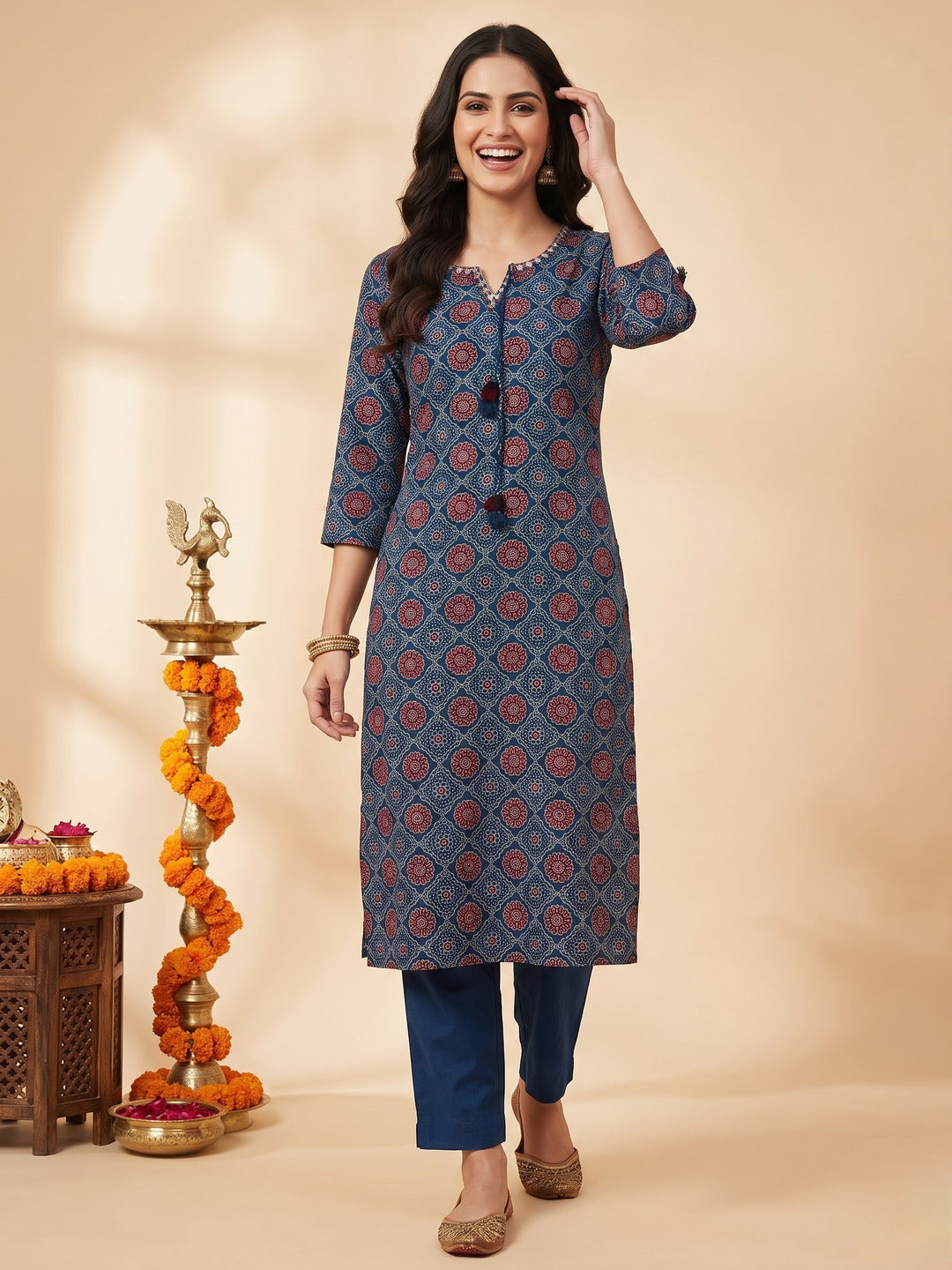 Indigo Blue Ajrakh Print Cotton Straight Kurta Set with Mirror Work, Pant & Patchwork Dupatta