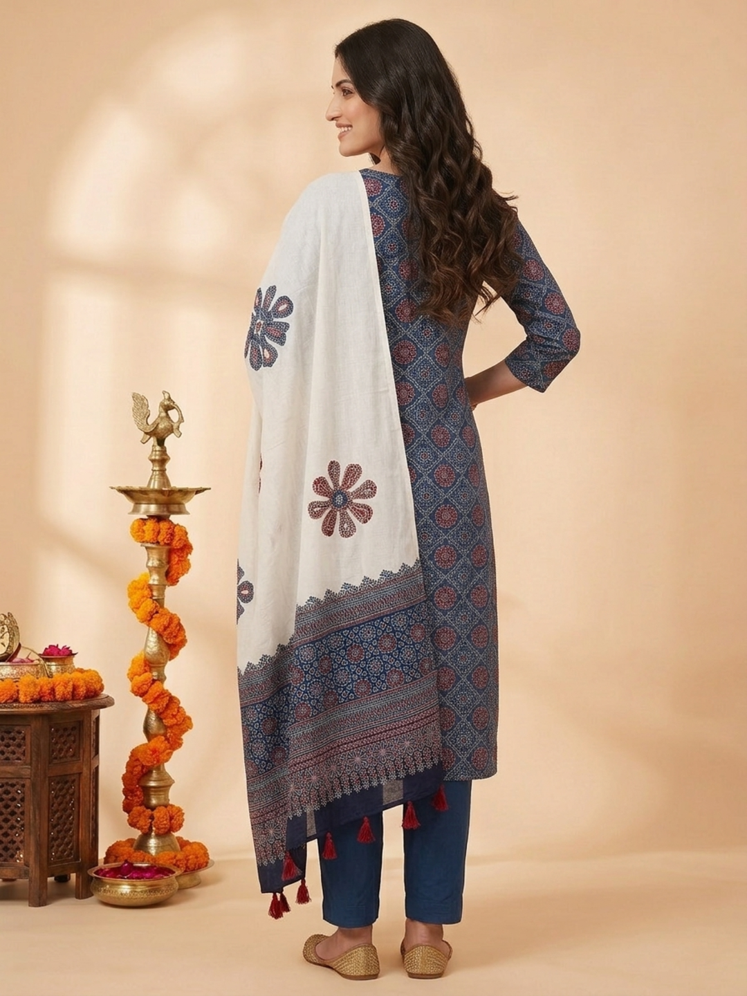Indigo Blue Ajrakh Print Cotton Straight Kurta Set with Mirror Work, Pant & Patchwork Dupatta
