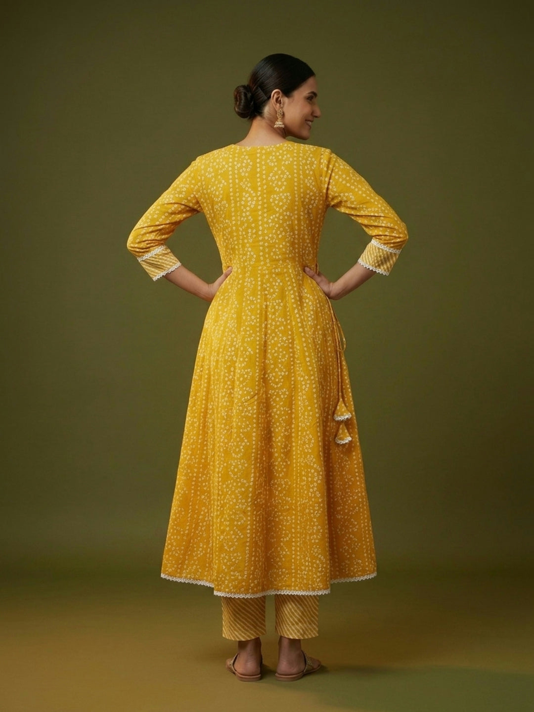 Yellow Bandhani Lehariya Print Cotton Anarkali Kurta Set with Crochet Lace, Pant & Dupatta