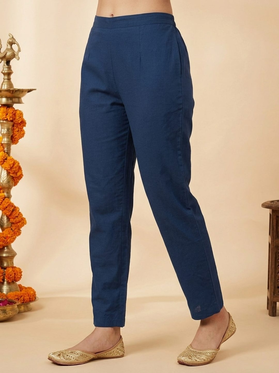 Blue Solid Cotton Straight Kurta Set with Kantha Work & Elephant Patchwork, Pant & Dupatta