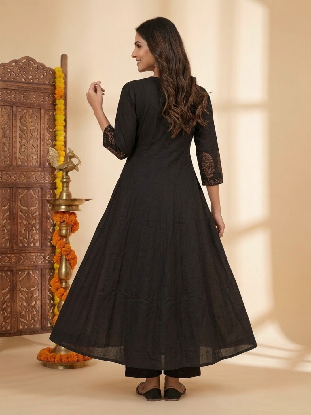 Charcoal Black Floral Block Print Cotton Anarkali Kurta Set with Beadwork, Palazzo & Dupatta