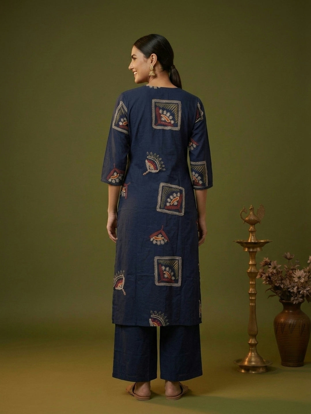 Navy Blue Abstract Floral Print Cotton Straight Kurta Set with Mirror Work, Palazzo & Dupatta
