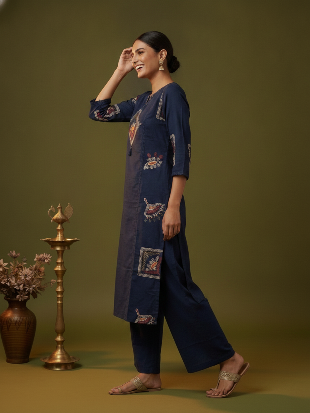 Navy Blue Abstract Floral Print Cotton Straight Kurta Set with Mirror Work, Palazzo & Dupatta