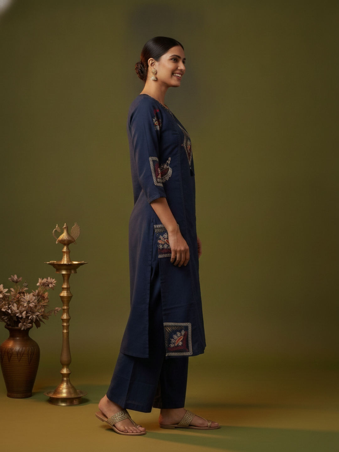 Navy Blue Abstract Floral Print Cotton Straight Kurta Set with Mirror Work, Palazzo & Dupatta