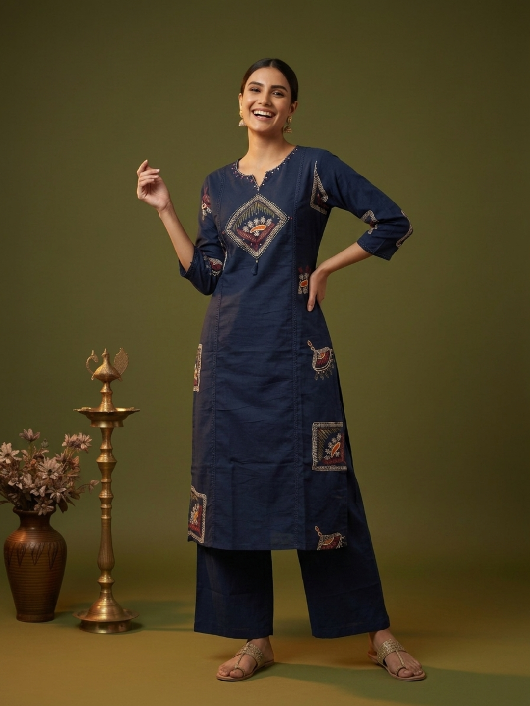 Navy Blue Abstract Floral Print Cotton Straight Kurta Set with Mirror Work, Palazzo & Dupatta