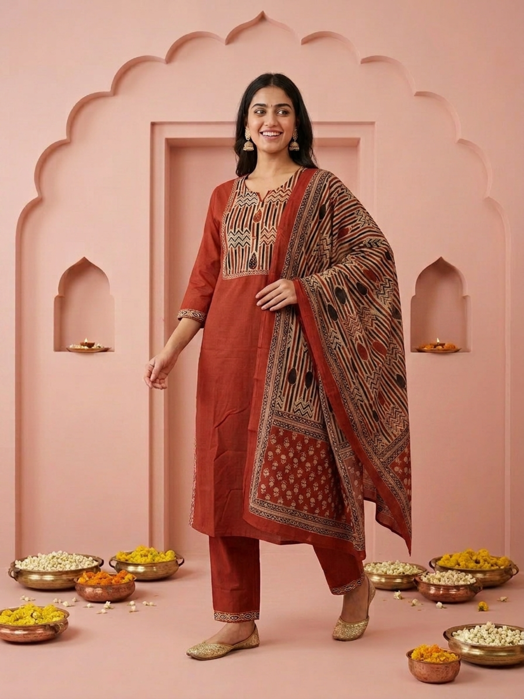 Rust Solid Cotton Straight Kurta Set with Ethnic Mirror Work Embroidery, Pant & Dupatta