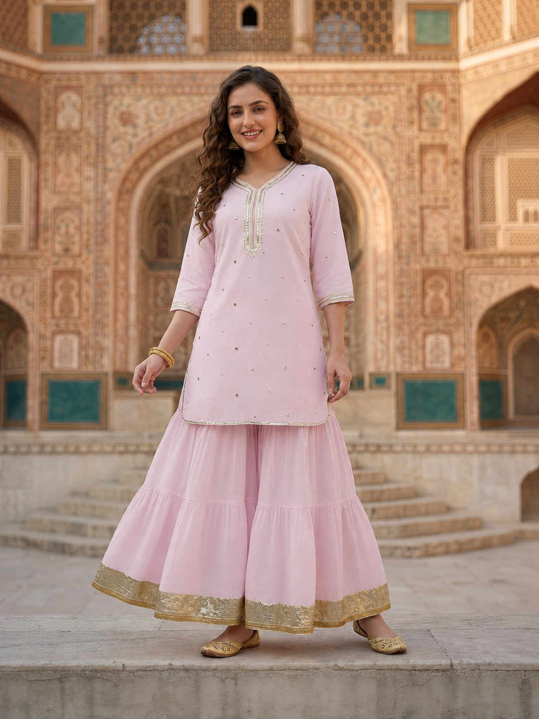 Blush Pink Solid Cotton Mulmul Straight Kurta Set with Gota & Mirror Work, Sharara & Dupatta