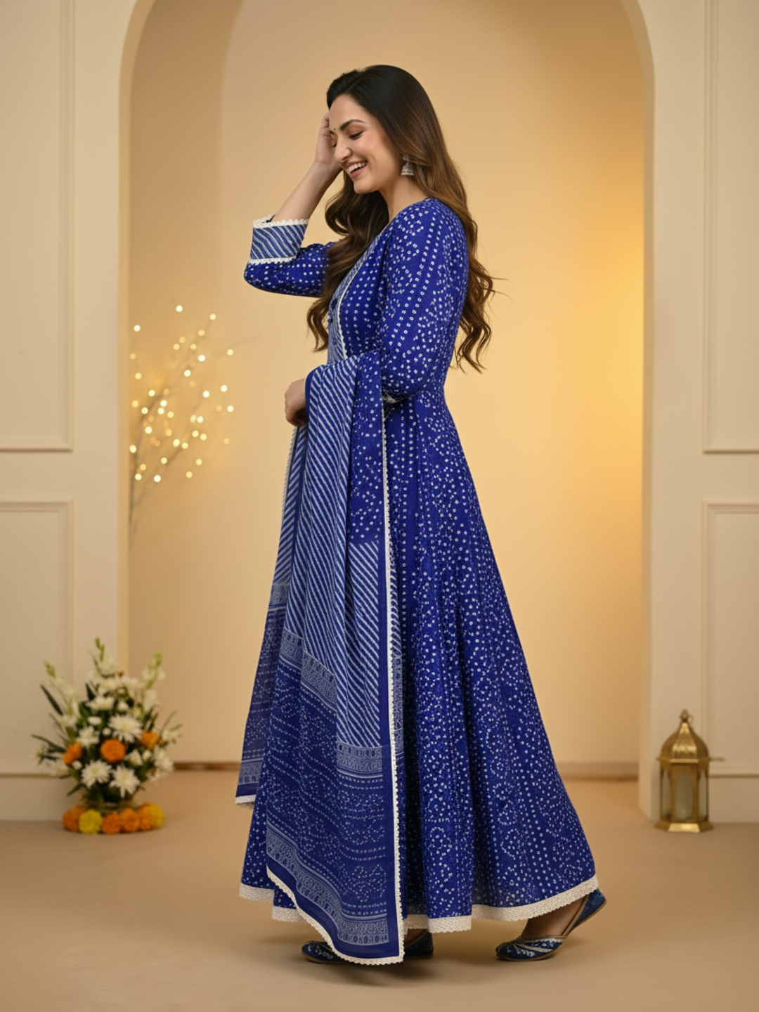 Indigo Blue Bandhani Lehariya Print Cotton Anarkali Kurta Set with Pant & Dupatta