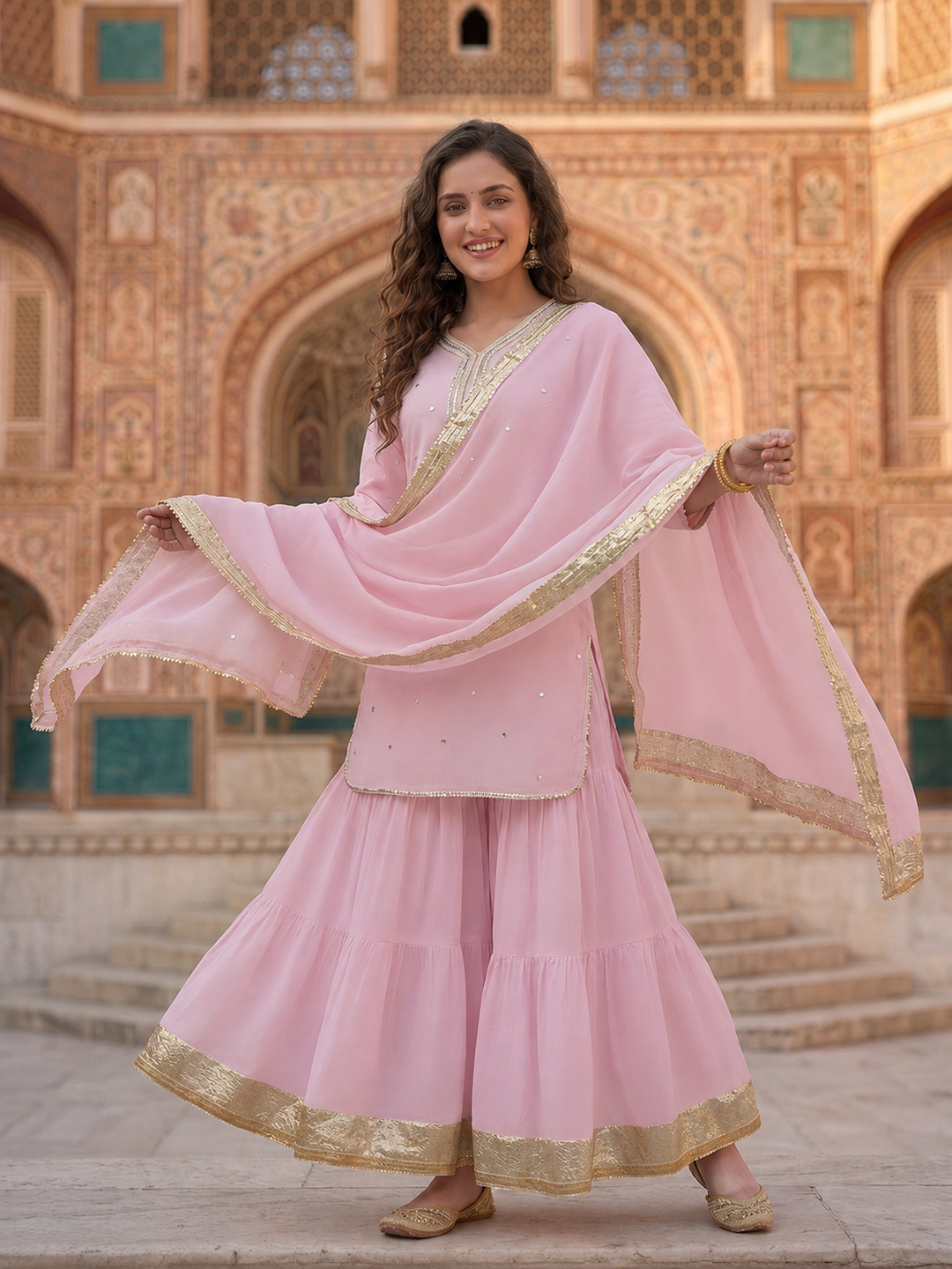 Blush Pink Solid Cotton Mulmul Straight Kurta Set with Gota & Mirror Work, Sharara & Dupatta