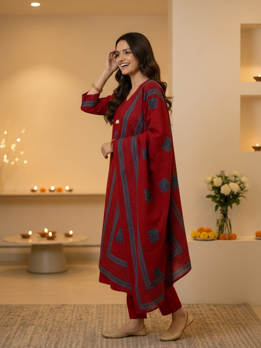 Brick Red Solid Cotton Straight Kurta Set with Kantha Work & Elephant Patchwork, Pant & Dupatta