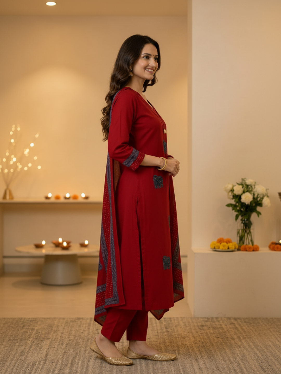 Brick Red Solid Cotton Straight Kurta Set with Kantha Work & Elephant Patchwork, Pant & Dupatta