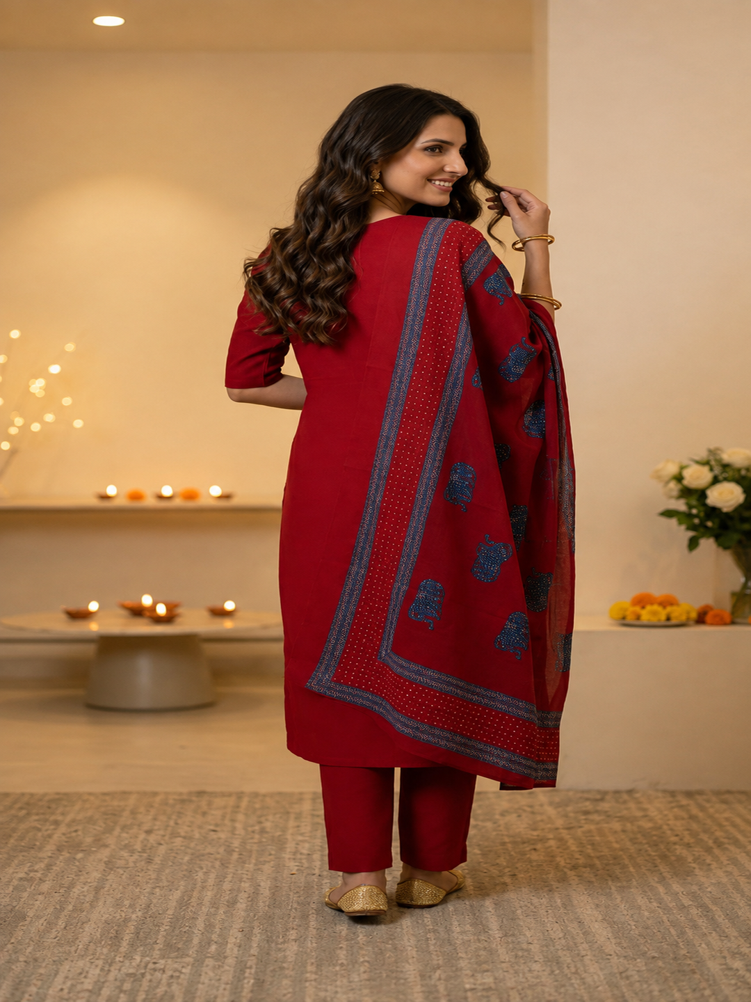Brick Red Solid Cotton Straight Kurta Set with Kantha Work & Elephant Patchwork, Pant & Dupatta