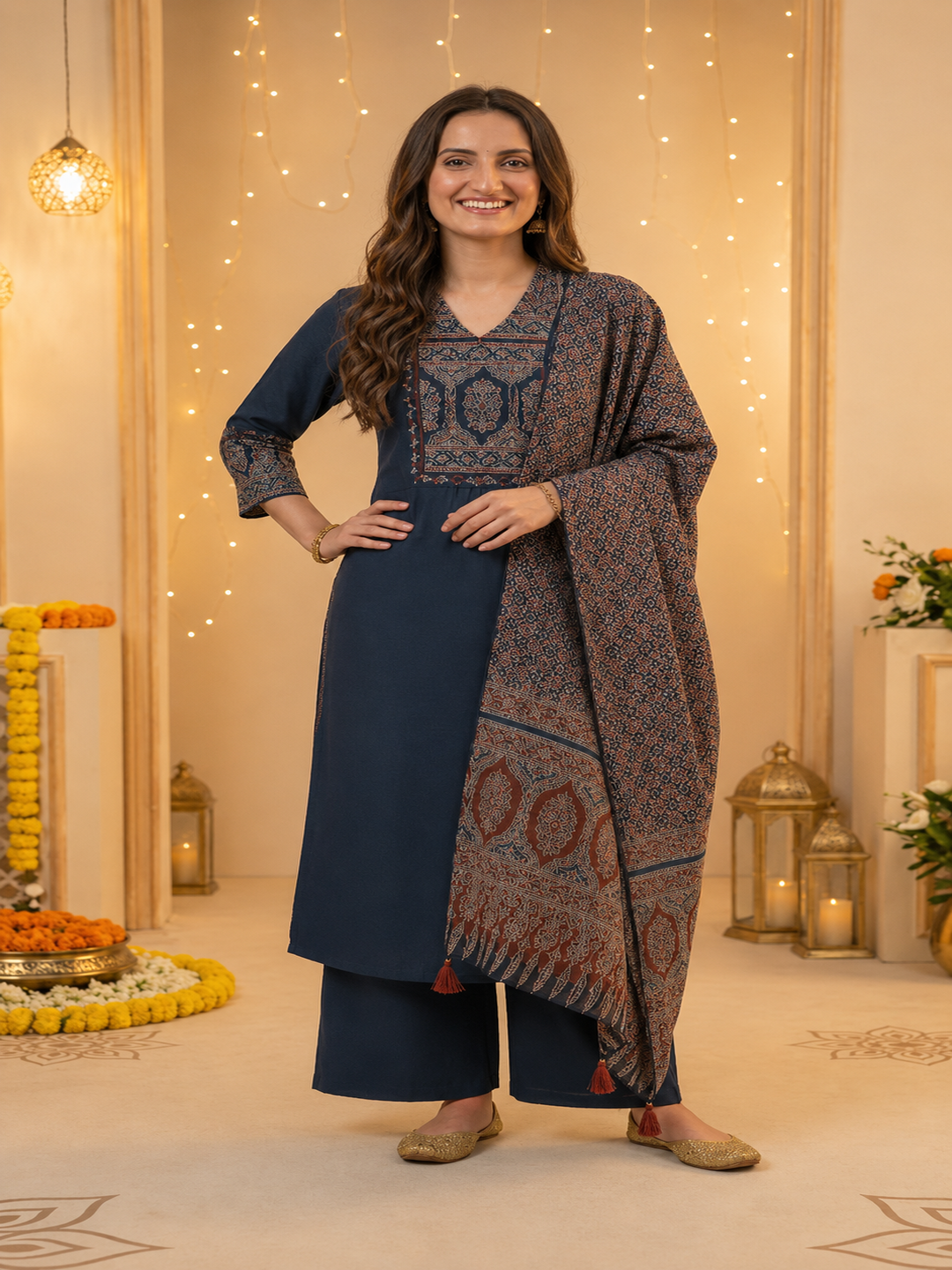 Black Ajrakh & Floral Block Print Cotton A-Line Kurta Set with Beadwork, Palazzo & Dupatta