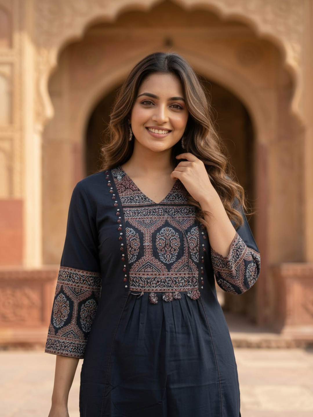 Black Ajrakh & Floral Block Print Cotton A-Line Kurta Set with Beadwork, Palazzo & Dupatta