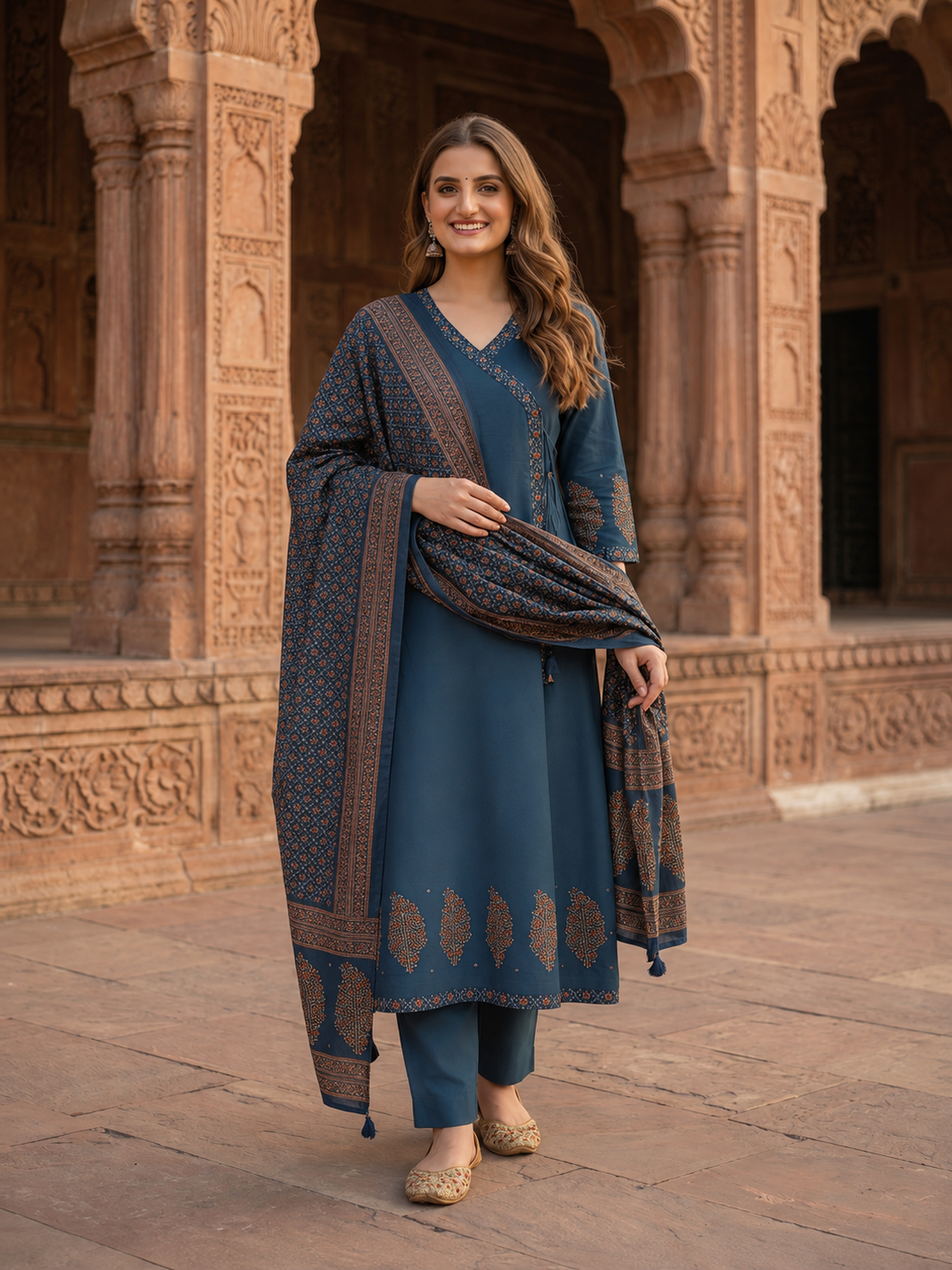 Indigo Blue Floral Block Print Cotton Anarkali Kurta Set with Beadwork, Palazzo & Dupatta