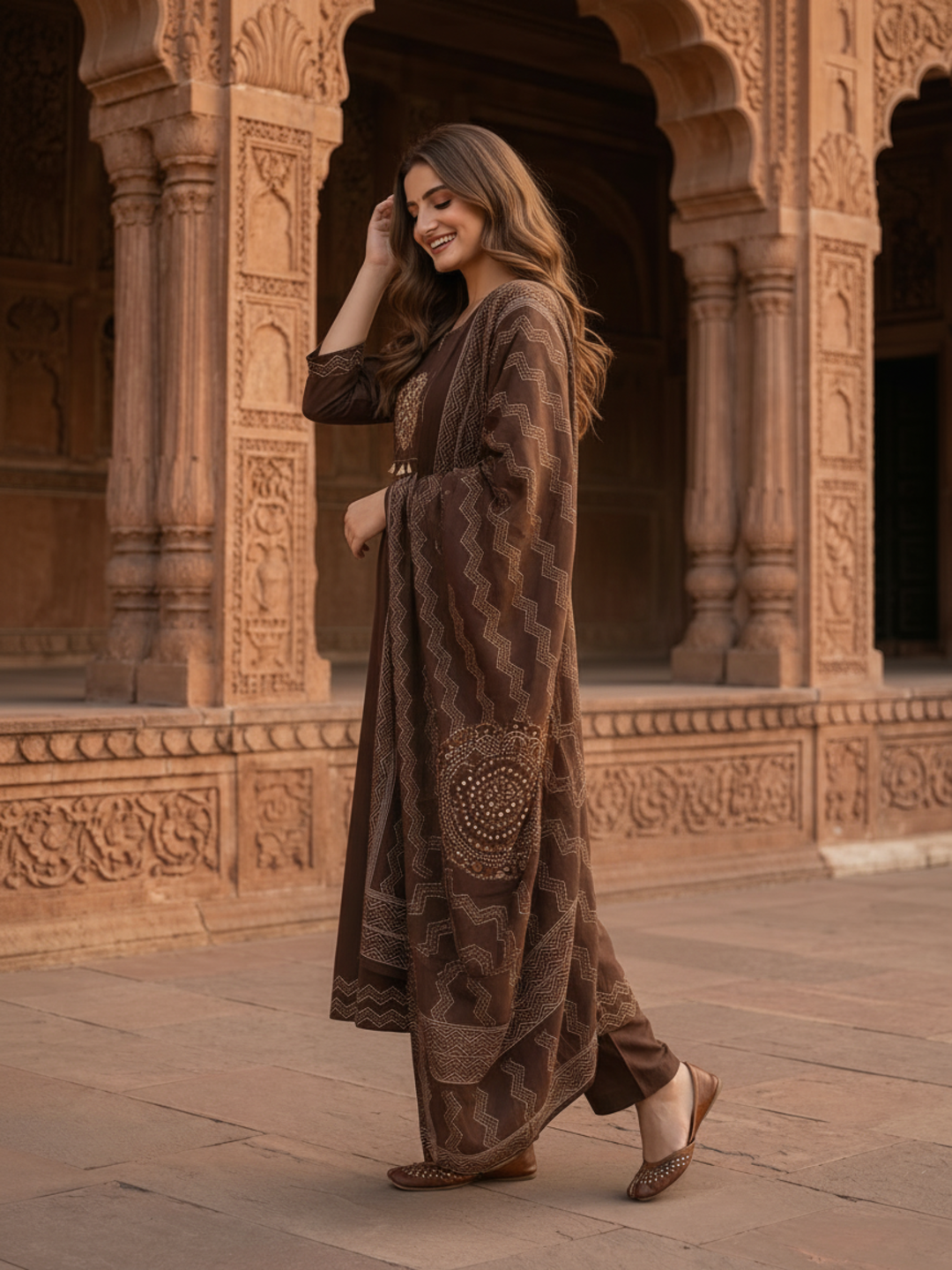 Coffee Brown Bandhani Print Cotton Anarkali Kurta Set with Mirror Work, Palazzo & Dupatta