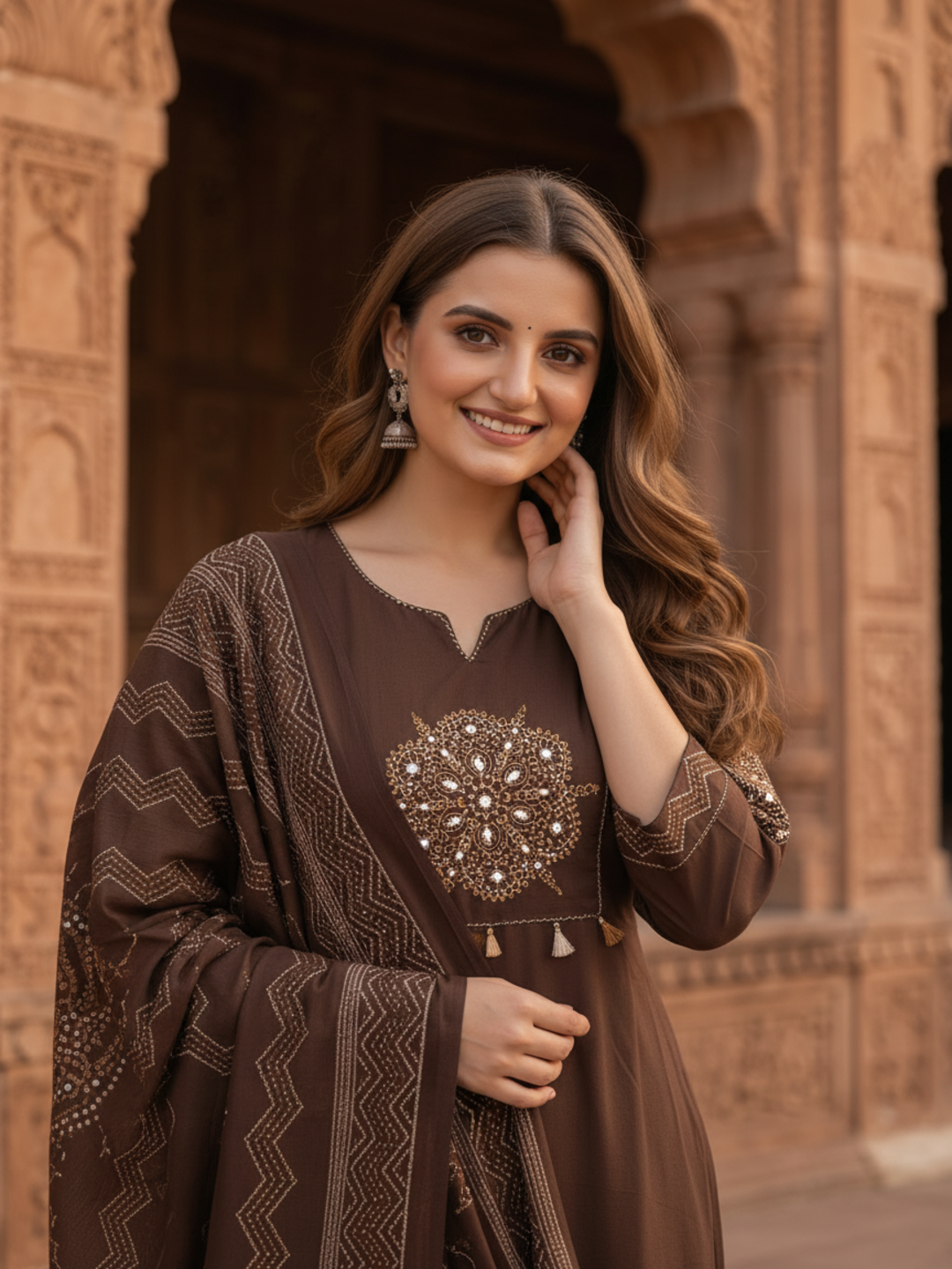 Coffee Brown Bandhani Print Cotton Anarkali Kurta Set with Mirror Work, Palazzo & Dupatta