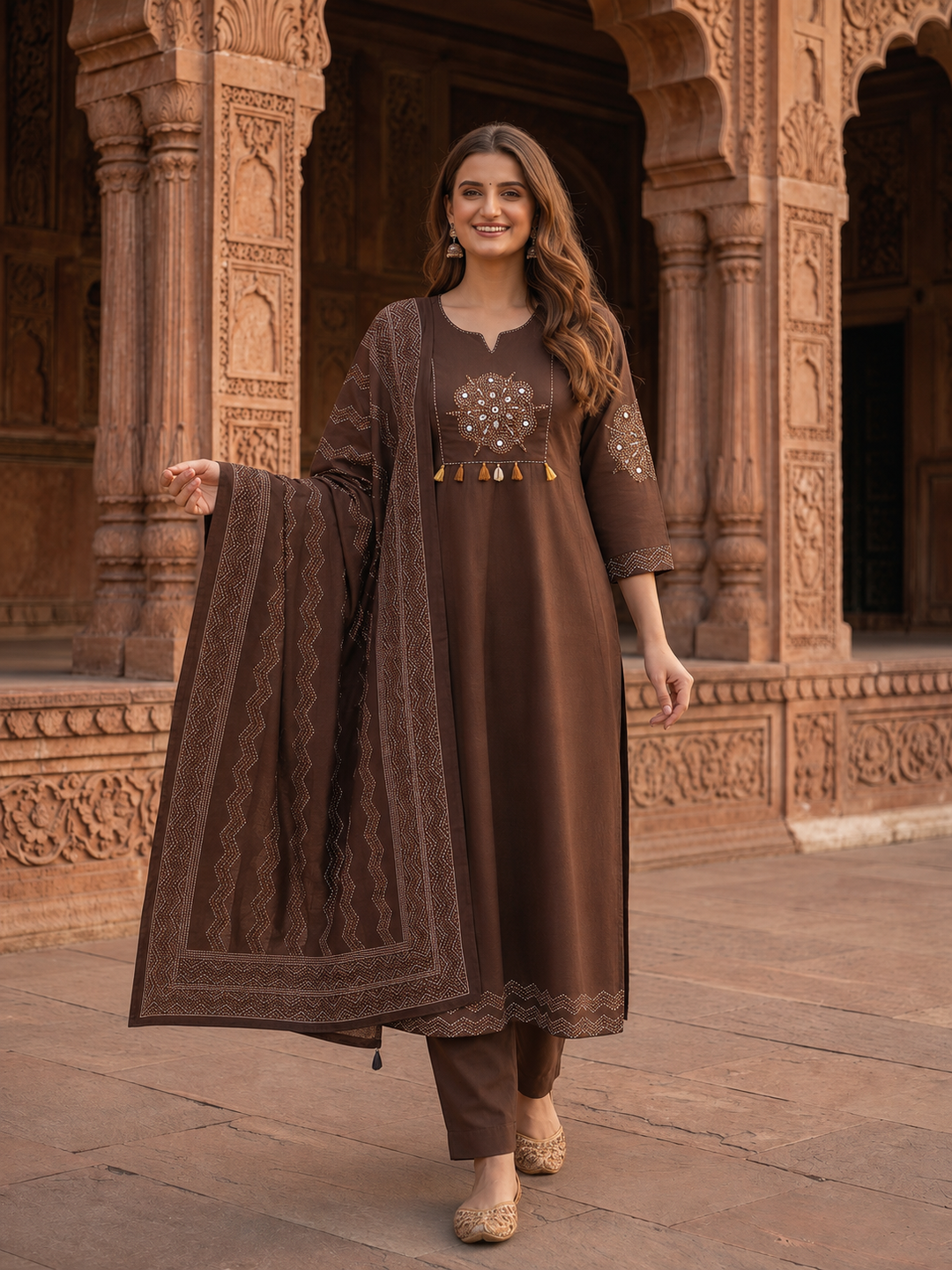 Coffee Brown Bandhani Print Cotton Anarkali Kurta Set with Mirror Work, Palazzo & Dupatta