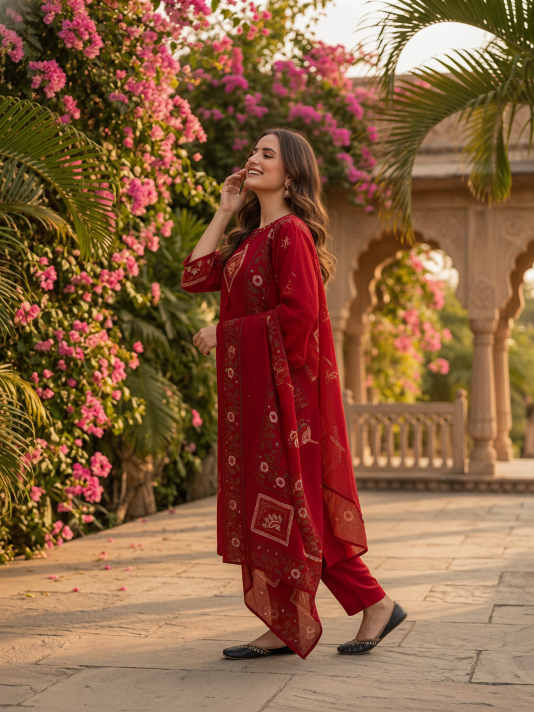 Red Abstract Floral Print Cotton Straight Kurta Set with Mirror Work, Palazzo & Dupatta