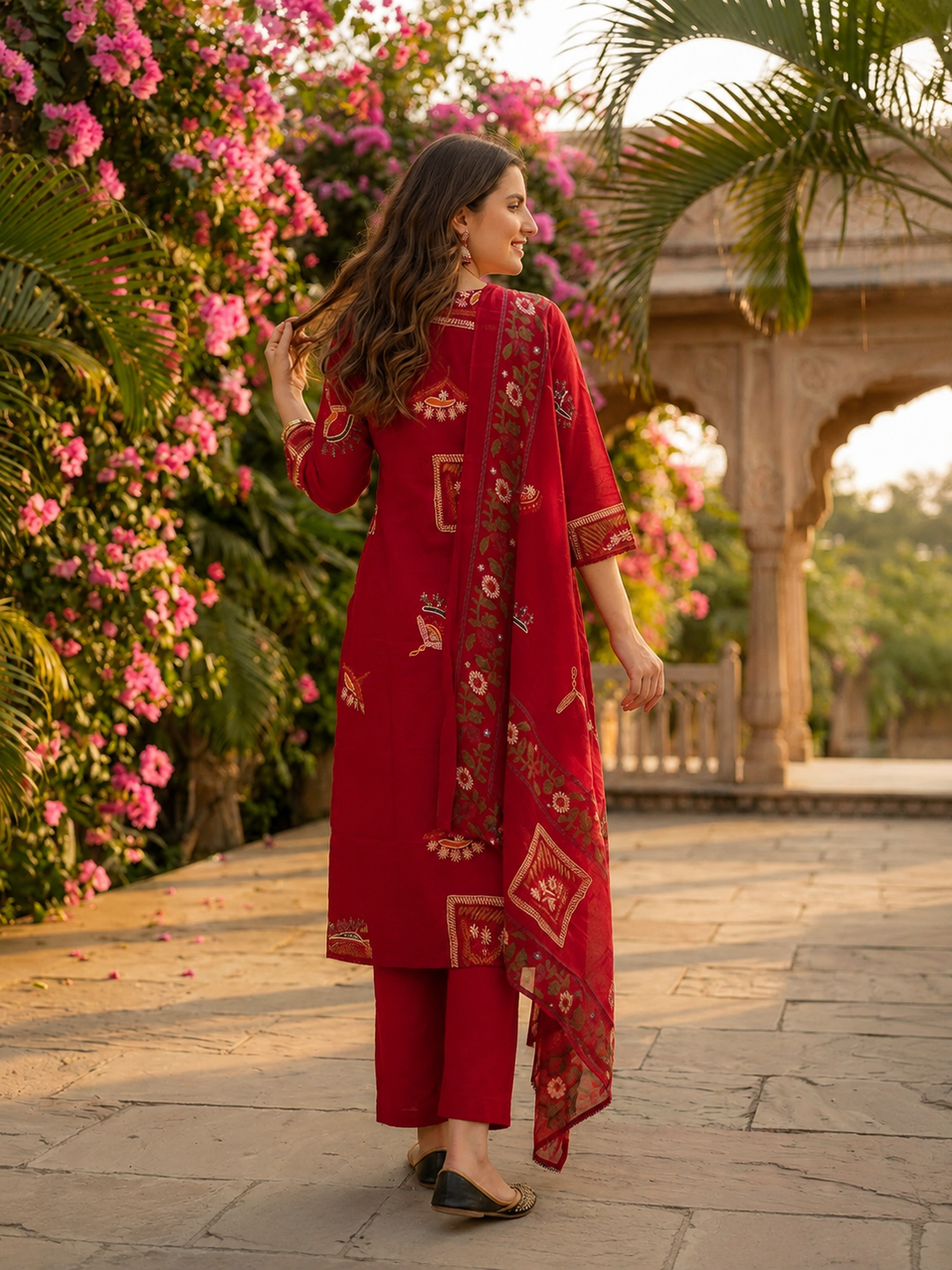 Red Abstract Floral Print Cotton Straight Kurta Set with Mirror Work, Palazzo & Dupatta