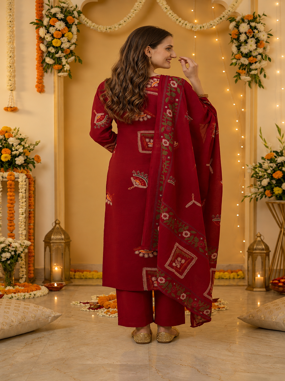Red Abstract Floral Print Cotton Straight Kurta Set with Mirror Work, Palazzo & Dupatta