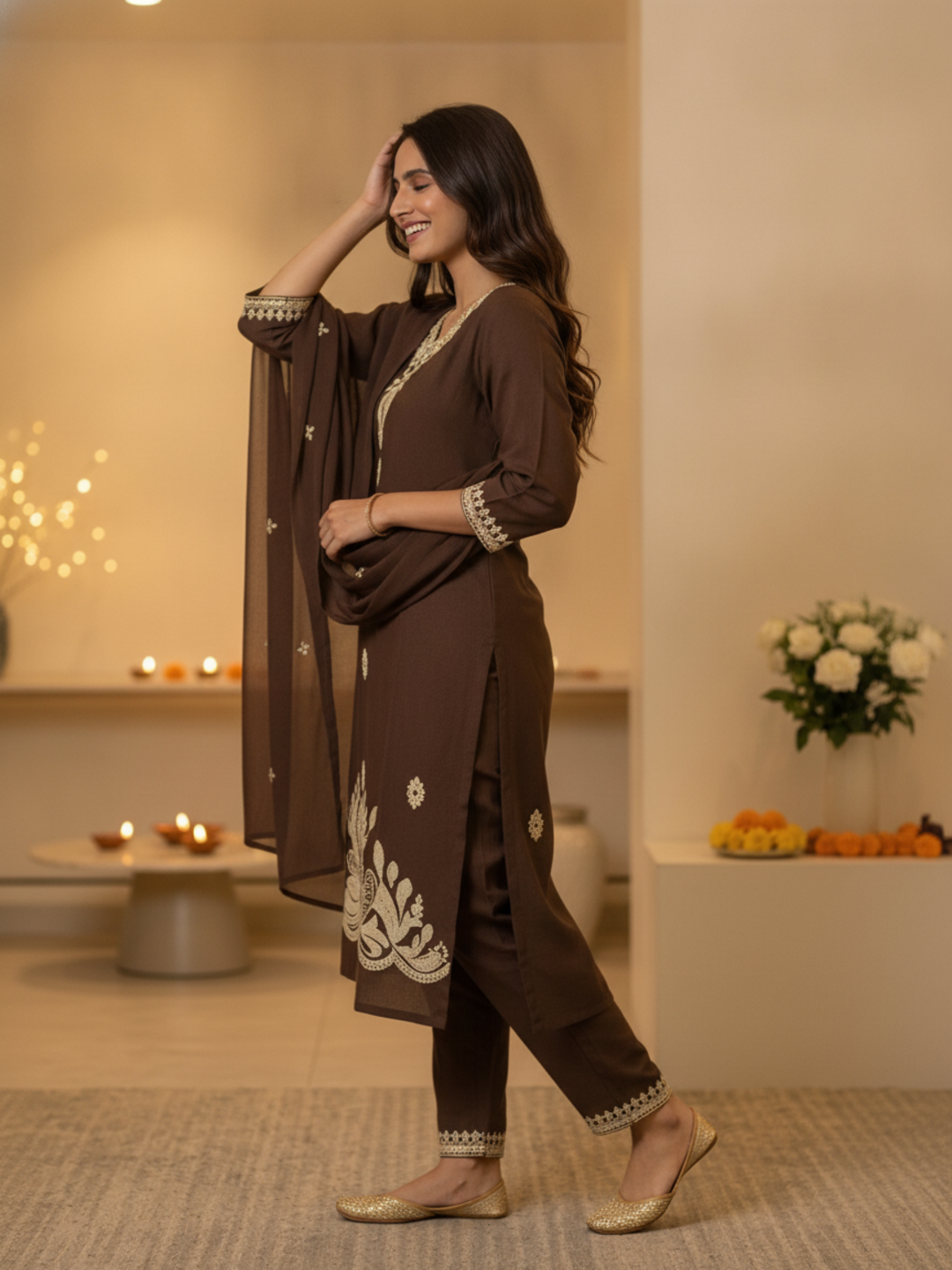 Coffee Brown Solid Cotton Straight Kurta Set with Floral Dori Embroidery, Pant & Dupatta