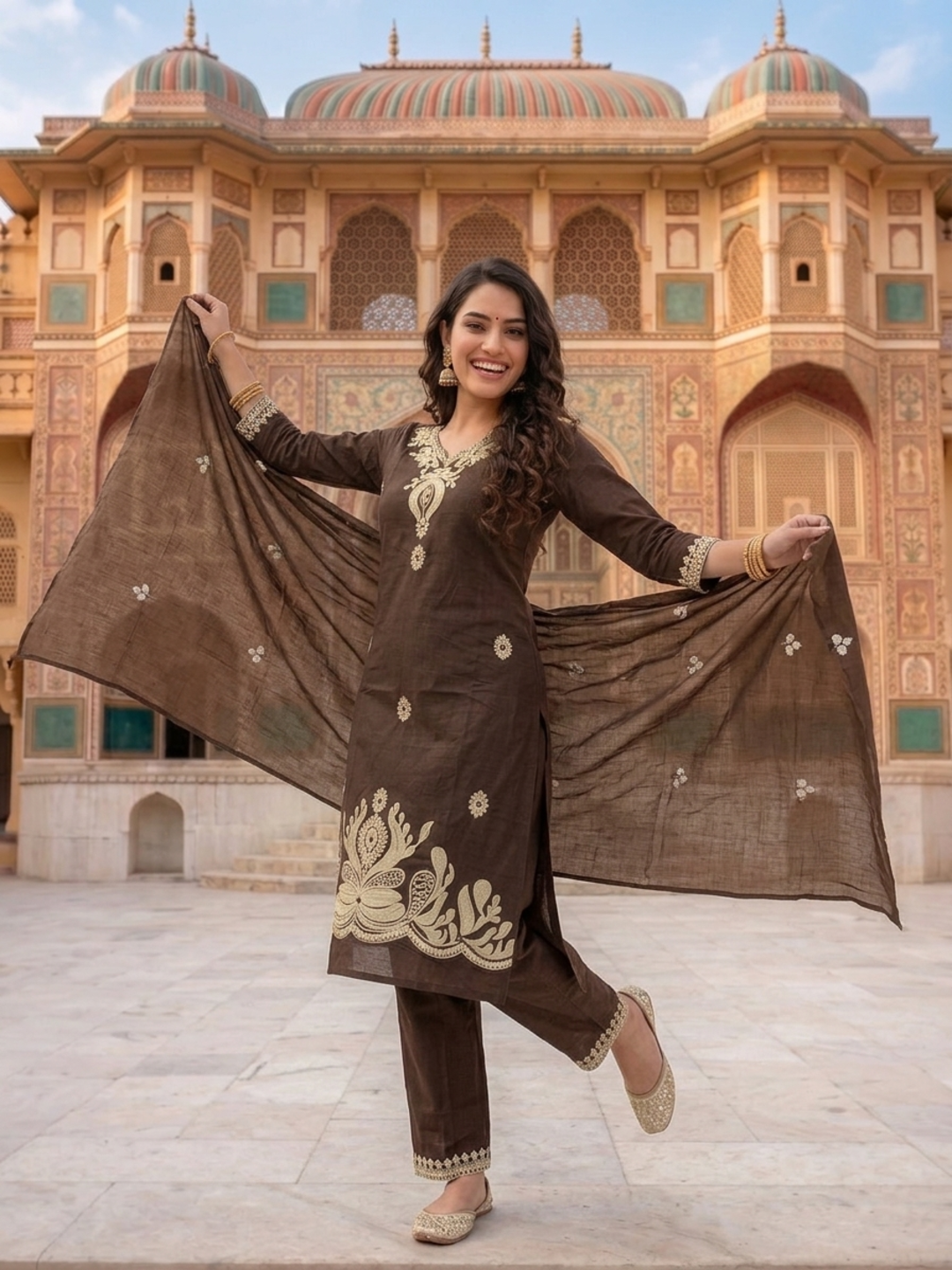 Coffee Brown Solid Cotton Straight Kurta Set with Floral Dori Embroidery, Pant & Dupatta