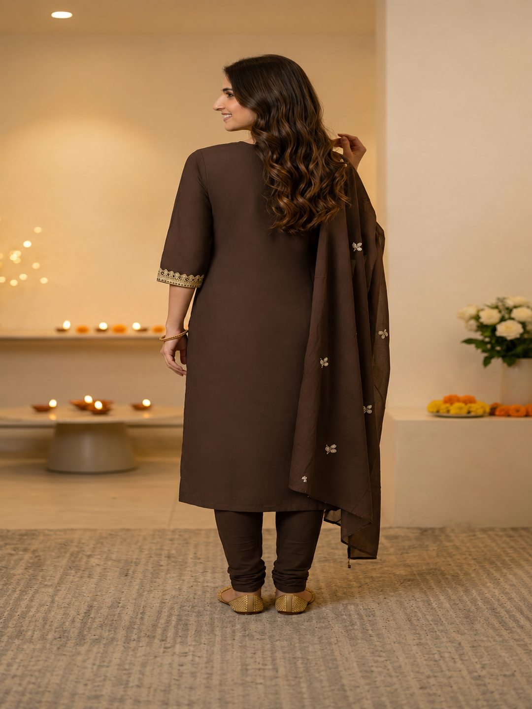 Coffee Brown Solid Cotton Straight Kurta Set with Floral Dori Embroidery, Pant & Dupatta